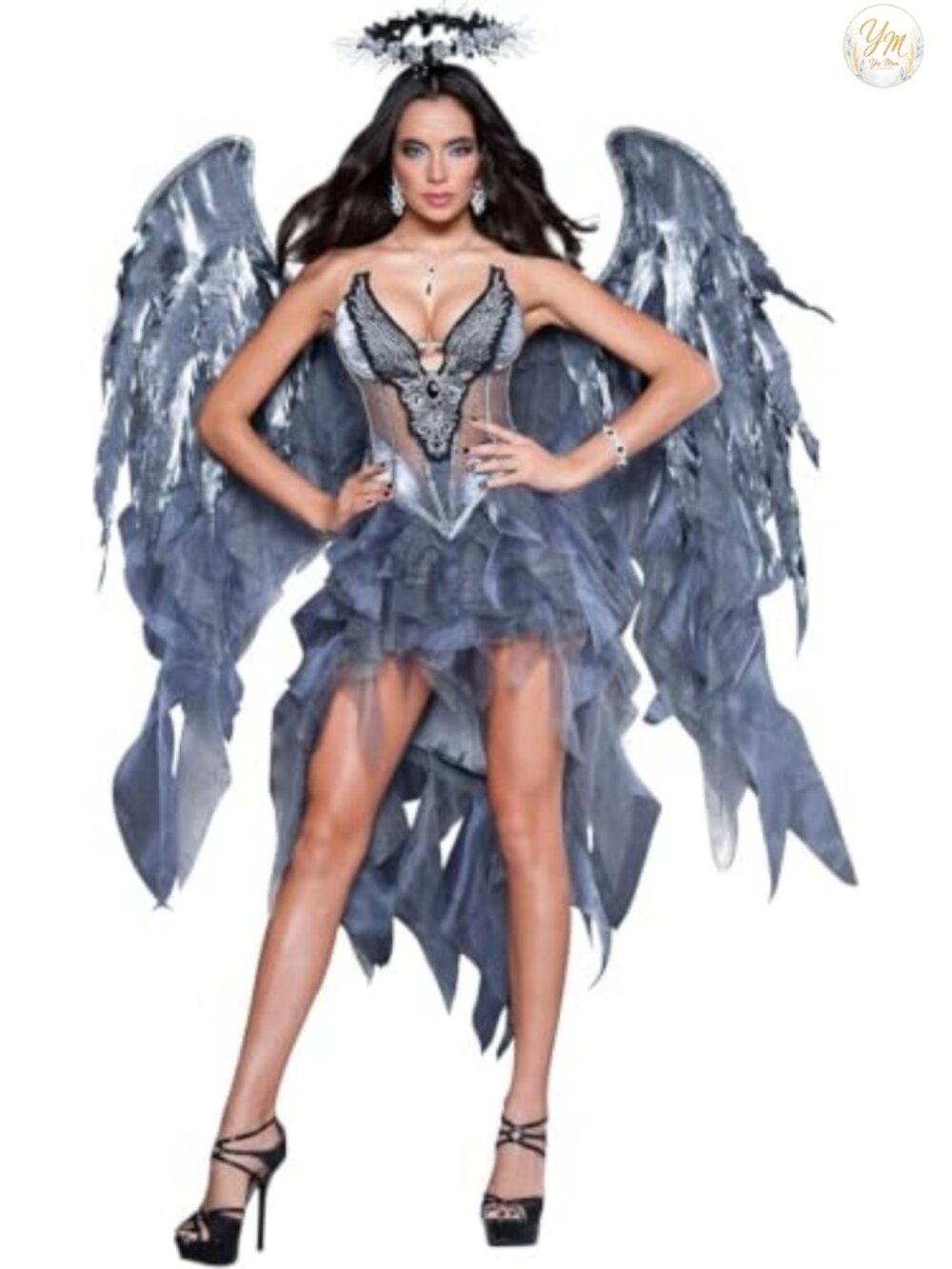 Dark Angel Costume Dress Wings Halo Satin Shimmer Organza Chiffon